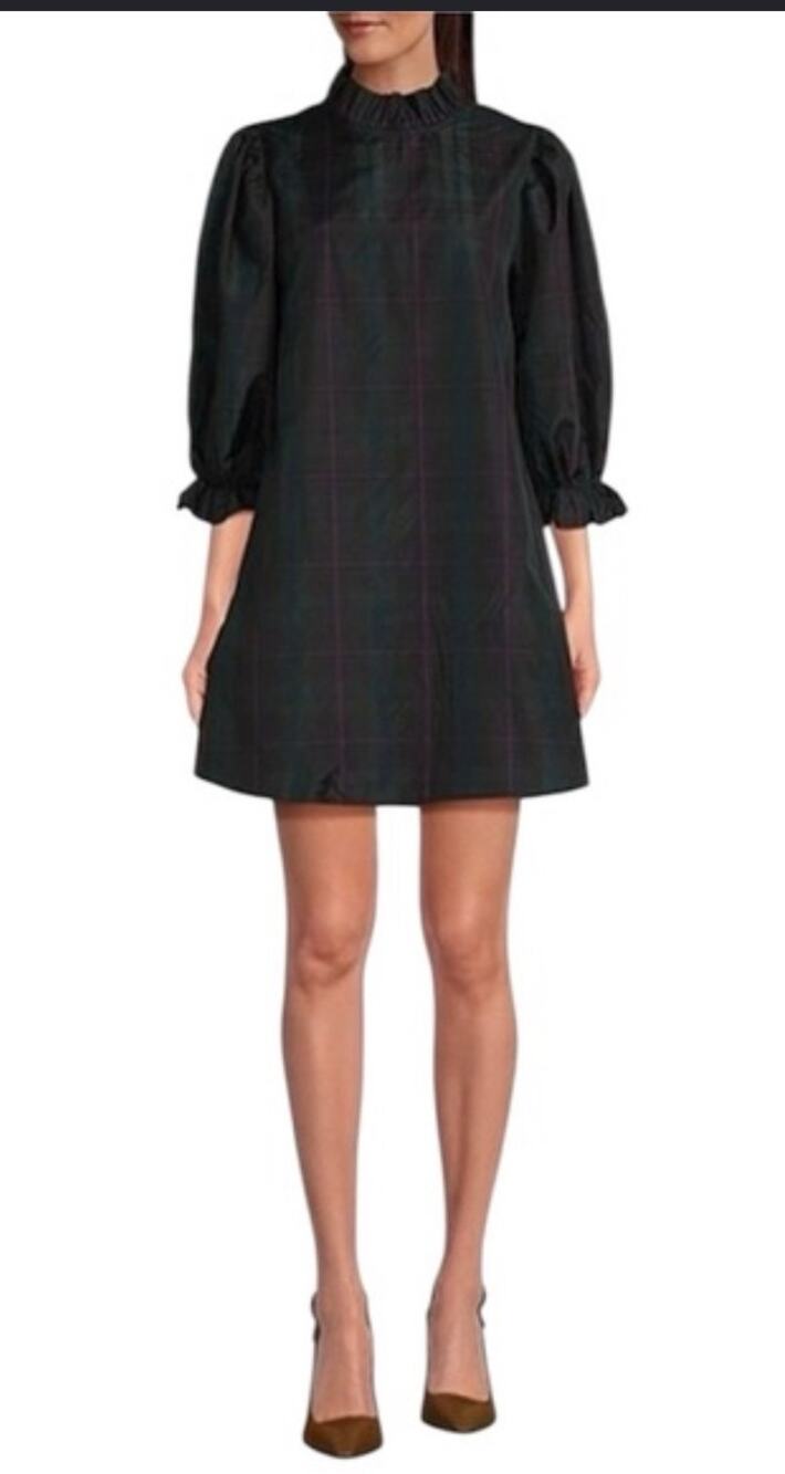 J. Marie Katrina Green Blue Plaid Shift Dress Ruffle Collar Mini Length size XS